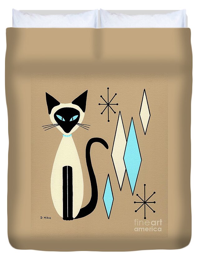 Mid Century Modern Siamese Cat Duvet Cover featuring the painting Siamese Cat with Retro Diamonds by Donna Mibus