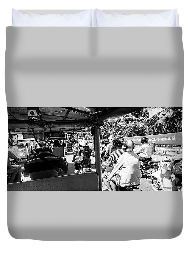 Panoramic Duvet Cover featuring the photograph Siem Reap cambodia street motorbikes by Sonny Ryse