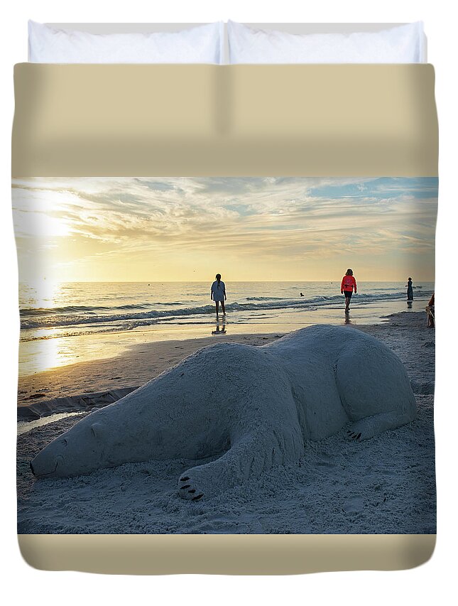 Siesta Duvet Cover featuring the photograph Siesta Key Polar Bear Lying on the Beach Sarasota Florida by Toby McGuire