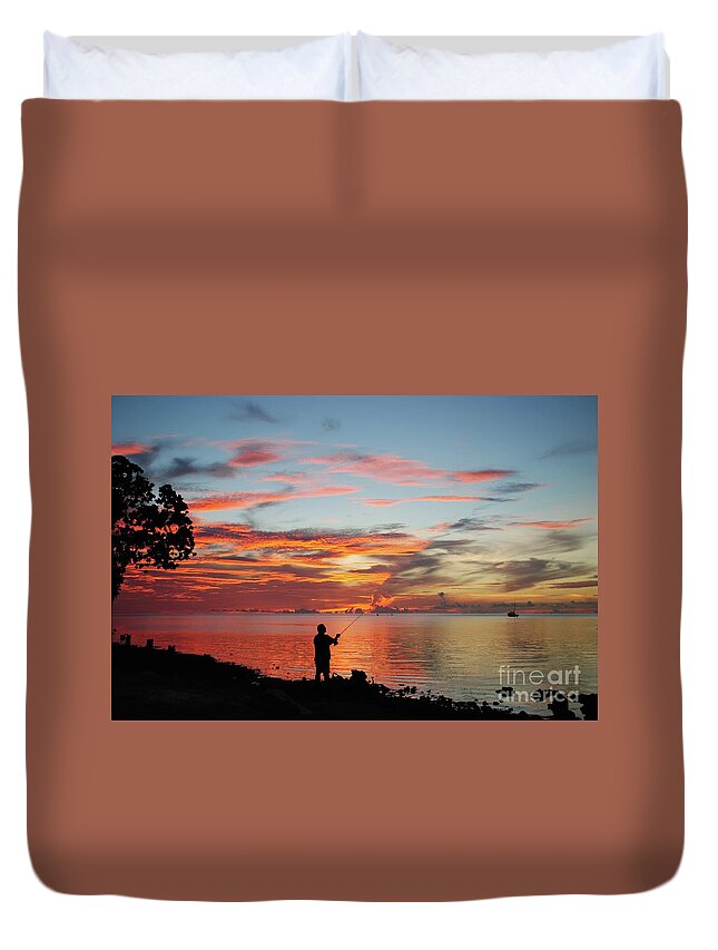 Twilight Duvet Cover featuring the photograph Sunset Fishing by On da Raks