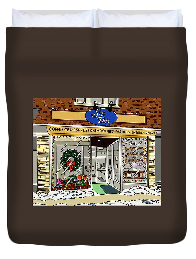 Sip This Coffee House Valley Stream Duvet Cover featuring the painting Sip This by Mike Stanko