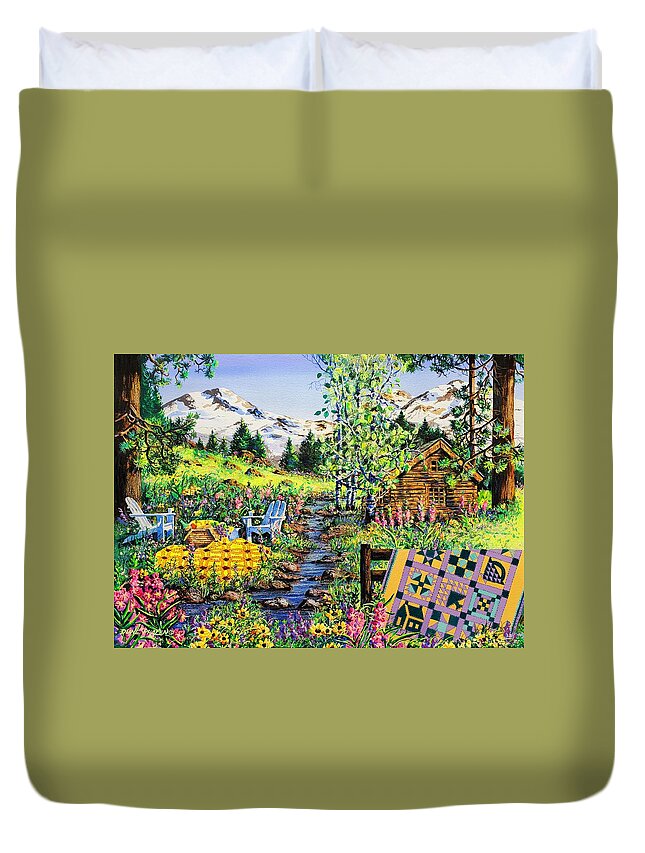 Log Cabin Duvet Cover featuring the painting Sisters Sampler by Diane Phalen