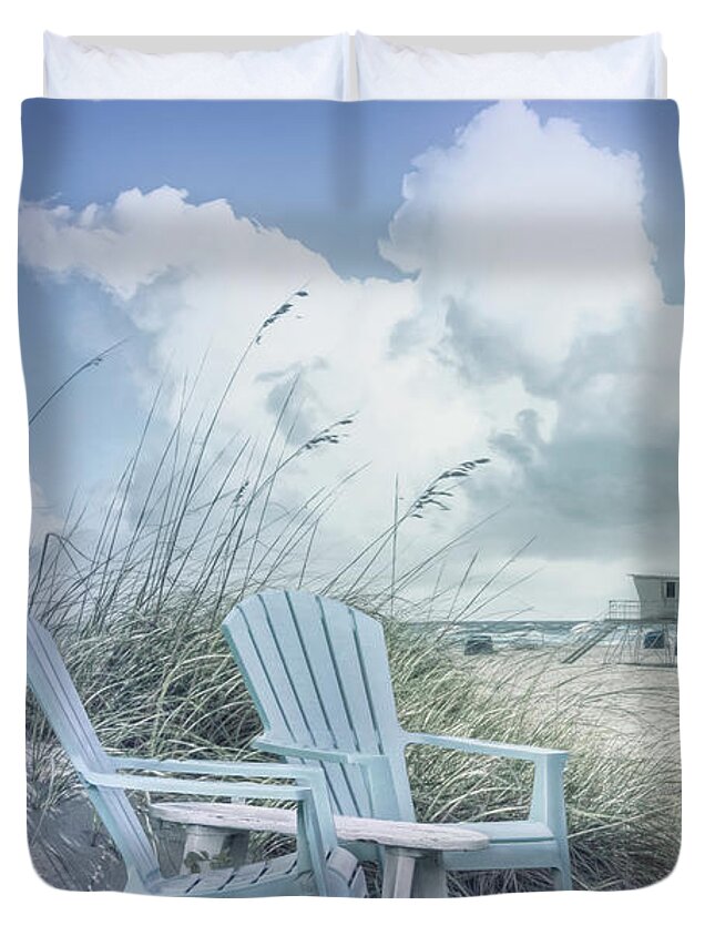 Clouds Duvet Cover featuring the photograph Sitting on the Beach Dunes in a Hint of Colors by Debra and Dave Vanderlaan