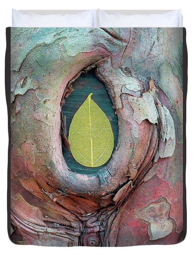 Skeleton Leaf Duvet Cover featuring the photograph Skeleton Leaf In Tree Bark by Gary Slawsky