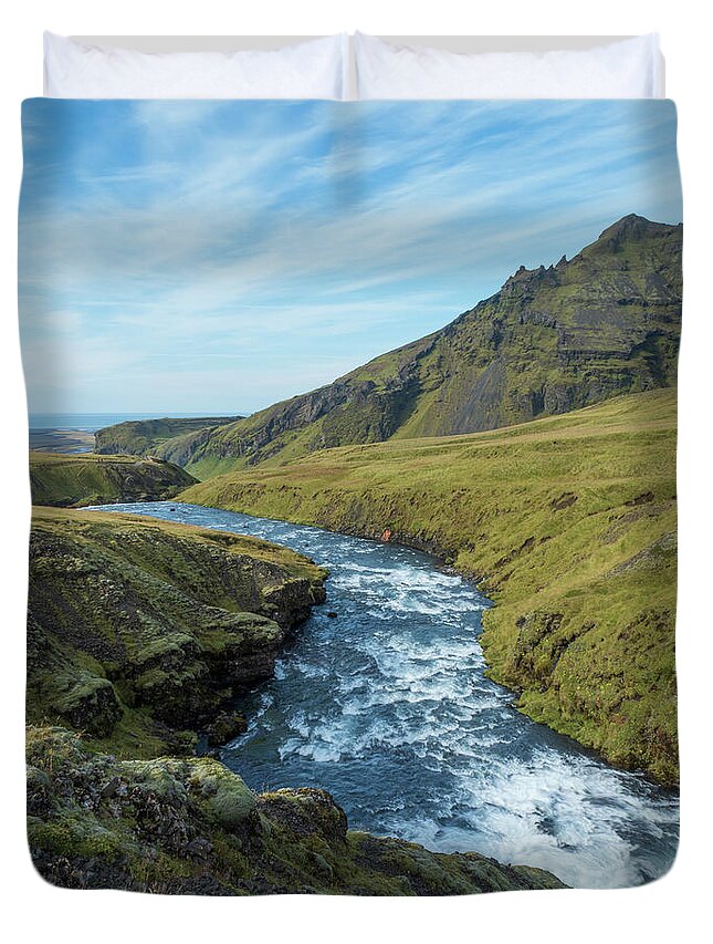 Landscape Duvet Cover featuring the photograph Skoga River Flows Above Skogafoss by Kristia Adams