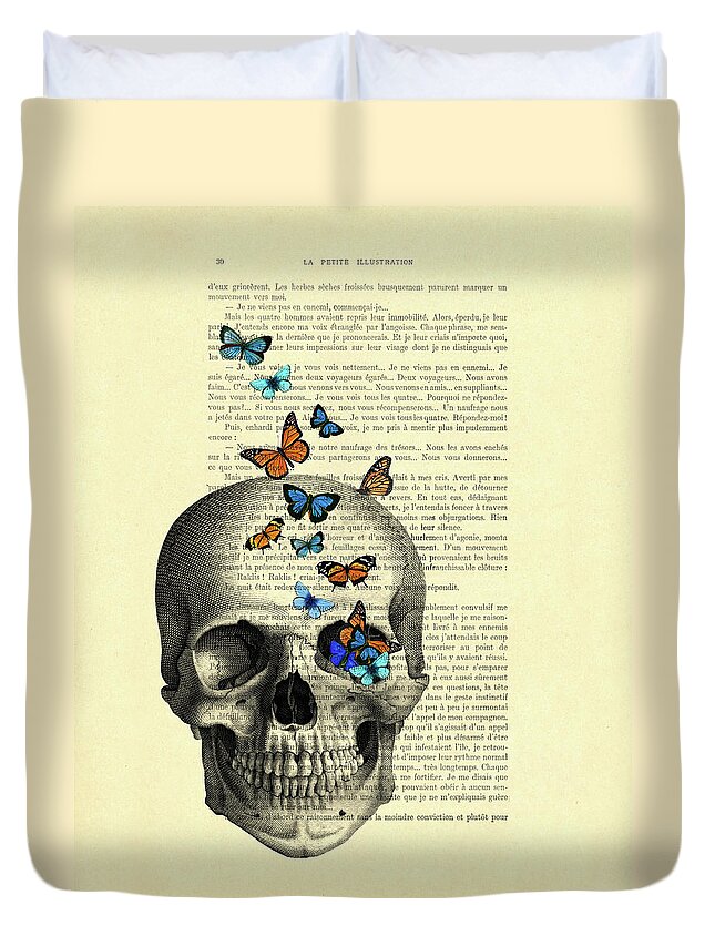 Human Skull Duvet Cover featuring the digital art Skull and butterflies book page art by Madame Memento