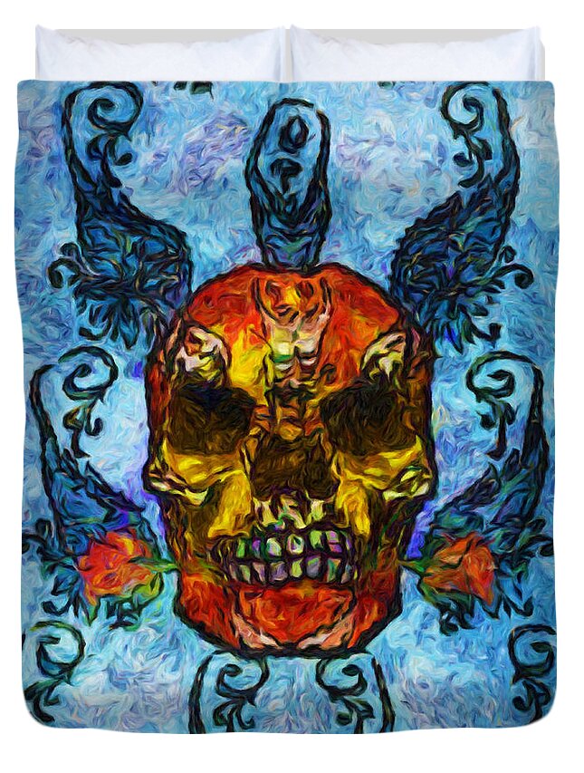 Skulls Duvet Cover featuring the painting Skull and Roses by Trask Ferrero