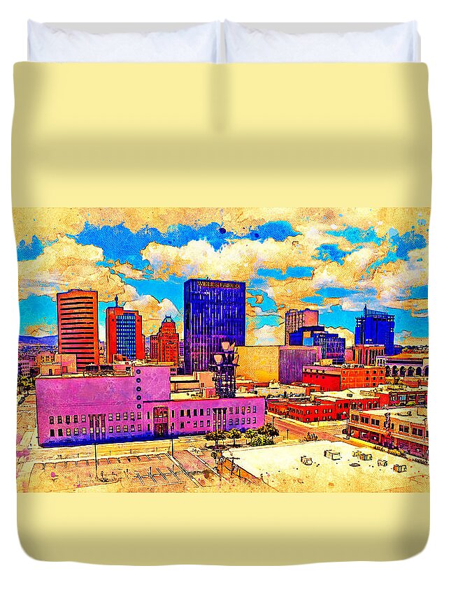 El Paso Duvet Cover featuring the digital art Skyline of Downtown El Paso, Texas, digital painting with vintage look by Nicko Prints