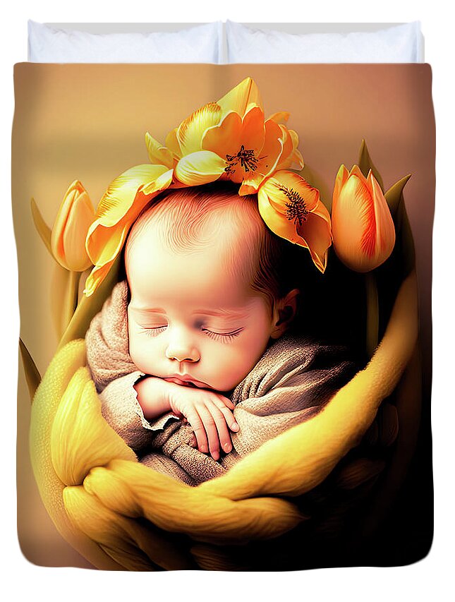 Sleeping Duvet Cover featuring the painting Sleeping Spring Baby by Bob Orsillo
