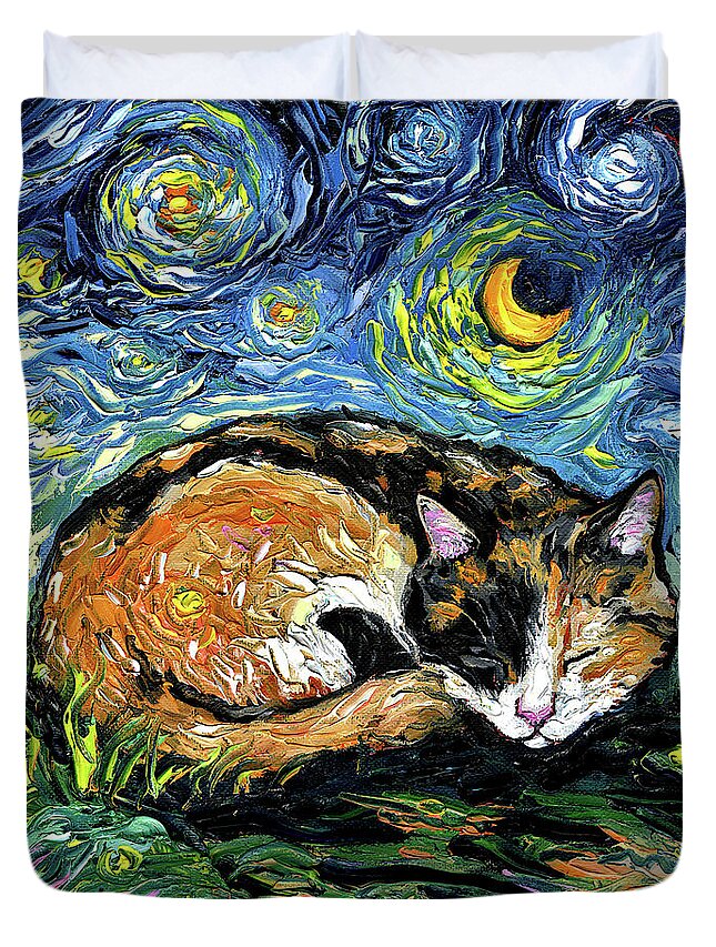 Calico Duvet Cover featuring the painting Sleepy Calico Night by Aja Trier