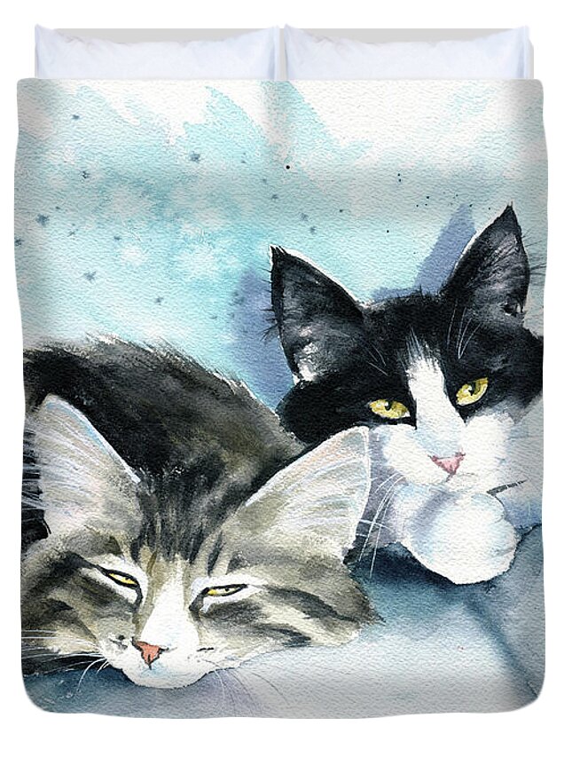 Cat Paintings Duvet Cover featuring the painting Sleepyheads Cat Painting by Dora Hathazi Mendes
