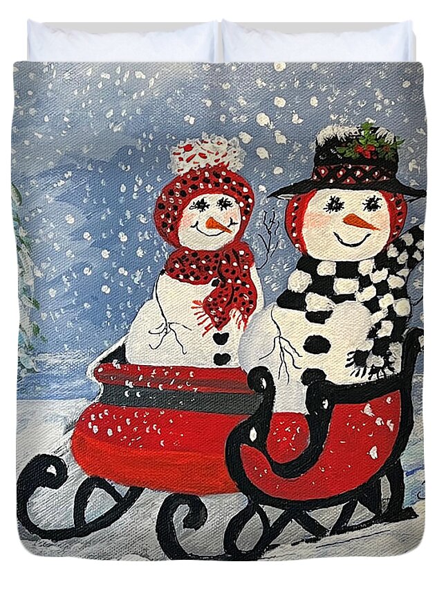 Snowman Duvet Cover featuring the painting Sleighride in the Snow by Juliette Becker
