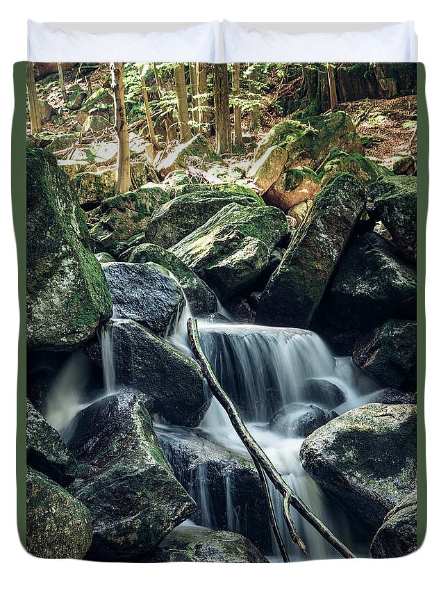 Jizera Mountains Duvet Cover featuring the photograph Water flowing over rocks in icy morning weather by Vaclav Sonnek