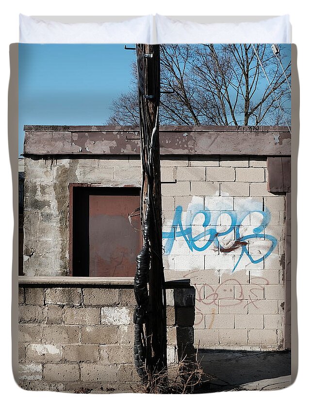 Urban Duvet Cover featuring the photograph Small Shack, Short Wall And A Pole by Kreddible Trout