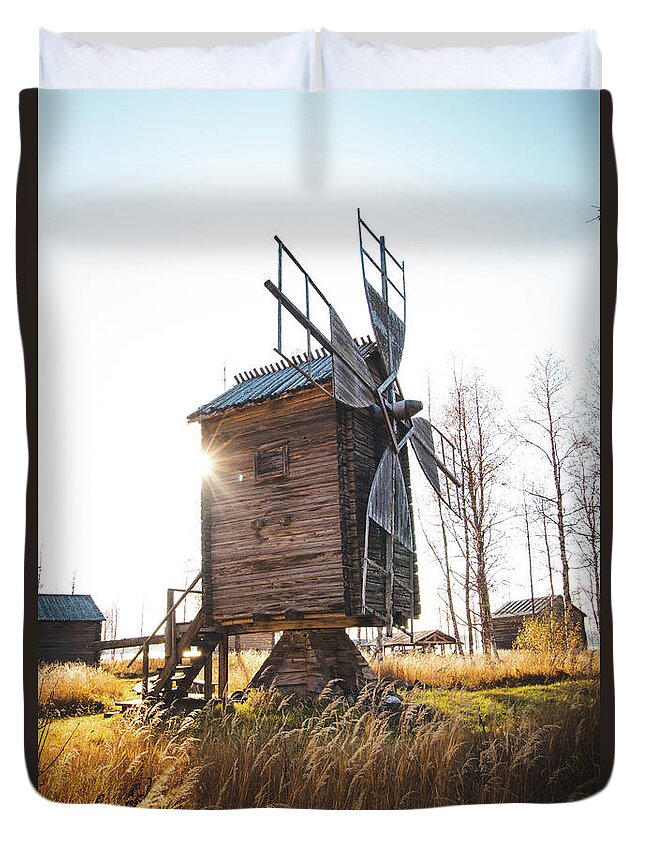 Medieval Duvet Cover featuring the photograph Small wooden mill with beautiful sun star by Vaclav Sonnek