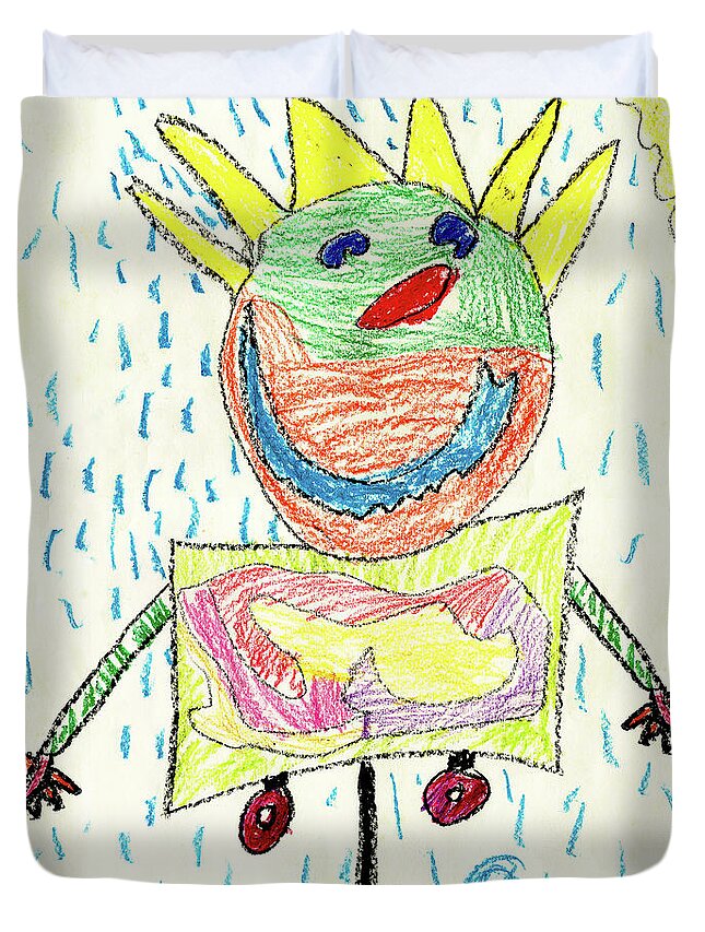 Smiling Robot Art By Kids Sun And Rain Yellow Green Orang Blue Child Duvet Cover featuring the painting Smiling Robot by Nick Abrams Age 7