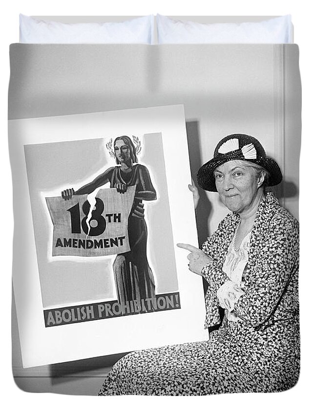 Eighteenth Amendment Duvet Cover featuring the photograph Smiling Women With Abolish Prohibition Poster - 1931 by War Is Hell Store