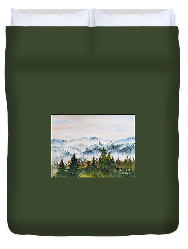 Trees Duvet Cover featuring the painting Smoke in the Mountains by Lisa Debaets