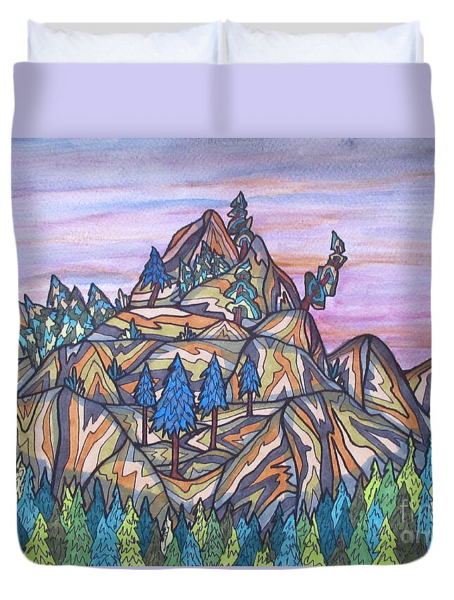 Mountains Smokey Trees Landscape Bag Cushion Nature Trees Lobby Office Abstract Decor Decrotive Duvet Cover featuring the painting Smokey Mountains by Bradley Boug