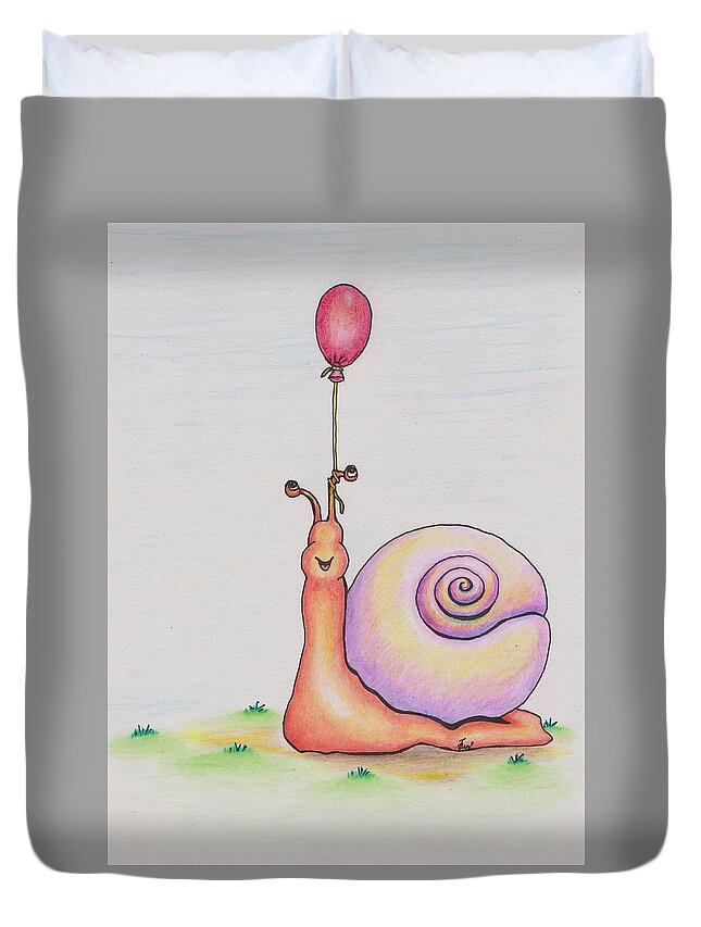 Snail Duvet Cover featuring the drawing Snail With Red Balloon by Vicki Noble