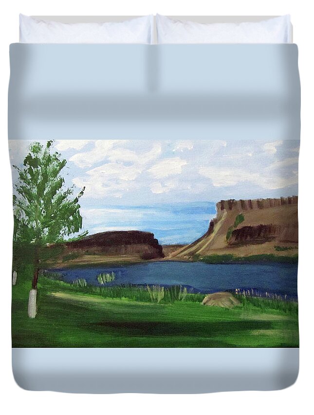 River Duvet Cover featuring the painting Snake River Murphy Idaho by Linda Feinberg