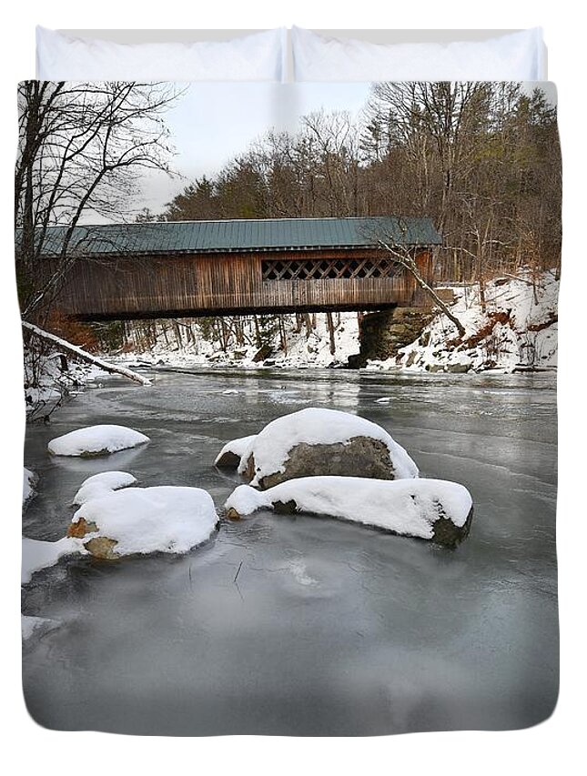 Snow Duvet Cover featuring the photograph Snow and Ice Under the Bridge by Steve Brown