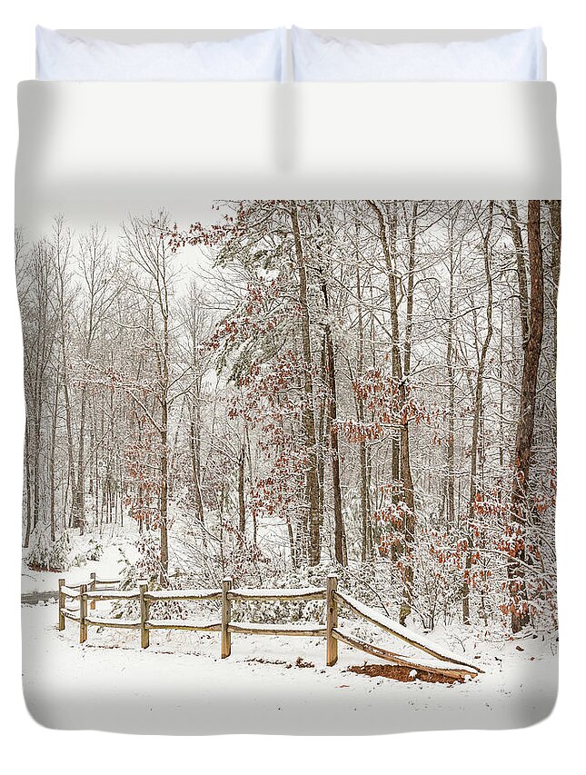 Fence Duvet Cover featuring the photograph Snow Around the Corner by Joni Eskridge