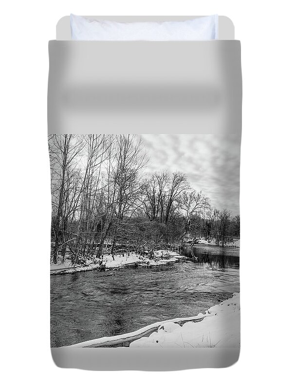 Black And White Duvet Cover featuring the photograph Snow Beauty James River Grayscale by Jennifer White
