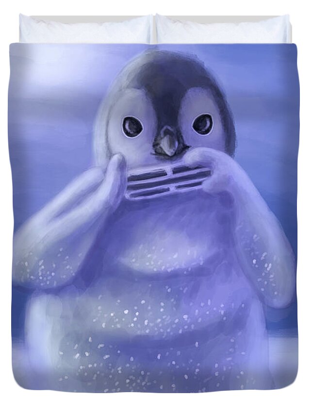 Penguin Duvet Cover featuring the digital art Snow Chick by Larry Whitler