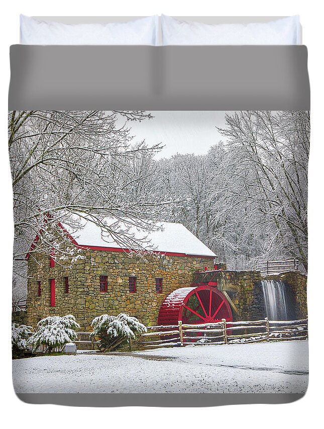 Wayside Inn Grist Mill Duvet Cover featuring the photograph Snow Covered Country Scenery of the Sudbury Grist Mill by Juergen Roth
