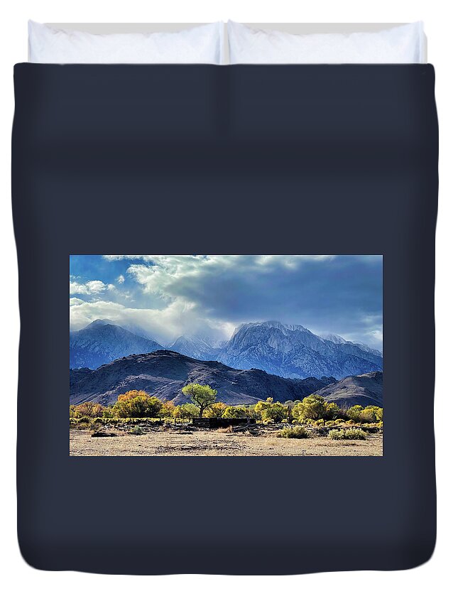Ca Duvet Cover featuring the photograph Snow Falling on Sierra by Cheryl Strahl