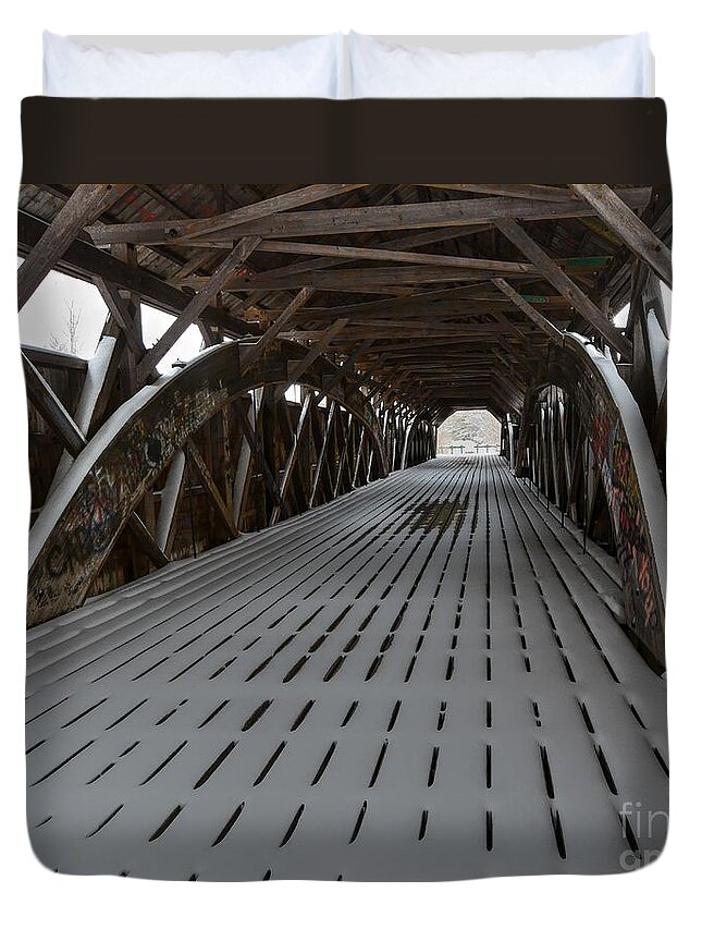Porter - Parsonsfield Covered Bridge Duvet Cover featuring the photograph Snow on the Covered Bridge by Steve Brown