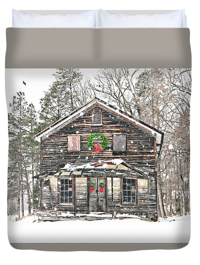 General Store Duvet Cover featuring the photograph Snow on the General Store by Benanne Stiens