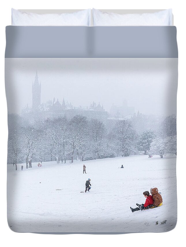 Adam West Duvet Cover featuring the photograph Snow Sledging in Kelvingrove Park by Adam West