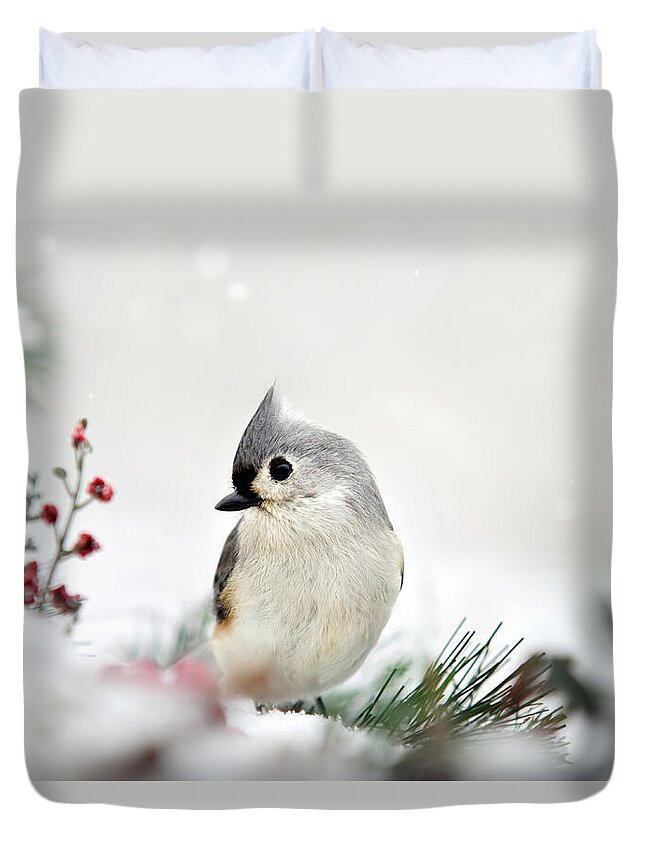 Birds Duvet Cover featuring the photograph Snow White Tufted Titmouse by Christina Rollo