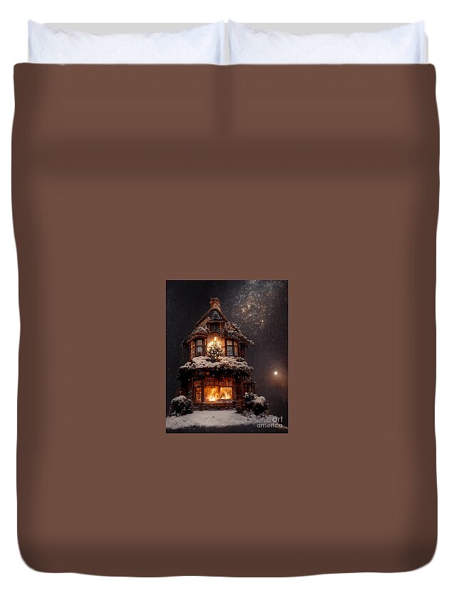 Snowfall Duvet Cover featuring the mixed media Snowfall with Snowball Moon III by Jay Schankman