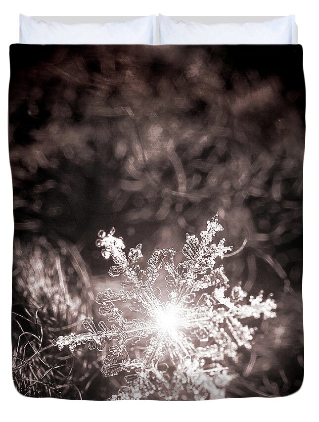 Snowflake; Ice; Shine; Macro; Simple; Monochrome; Duvet Cover featuring the photograph Snowflake Sparkle by Tina Uihlein