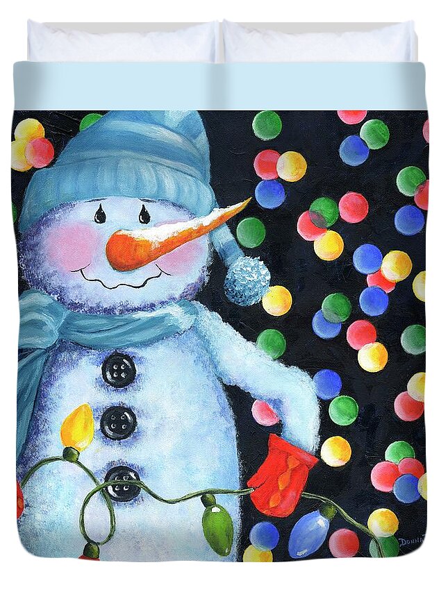 Snowman Duvet Cover featuring the painting Snowie with Twinkling Lights by Donna Tucker