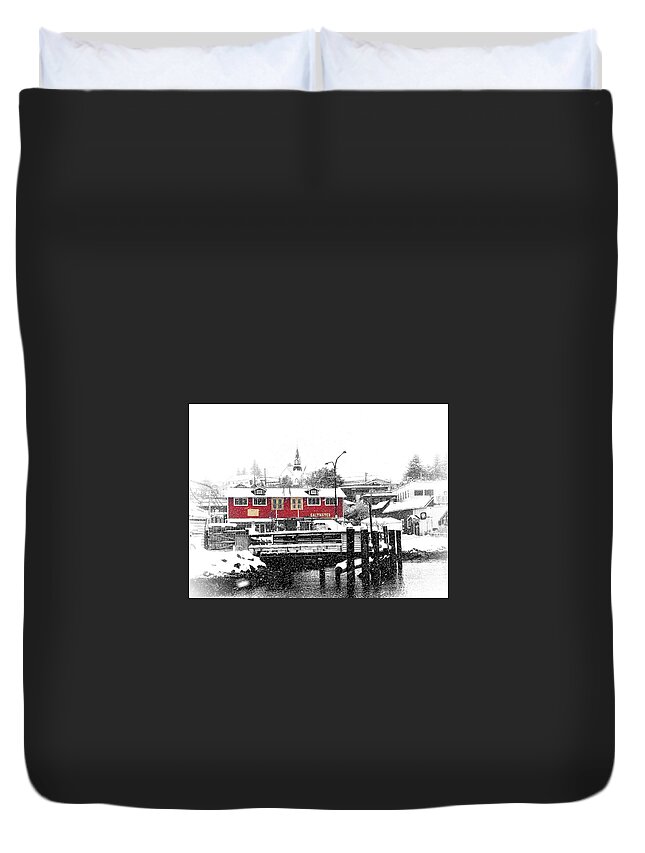 Selective Color Duvet Cover featuring the photograph Snowing Poulsbo Waterfront by Jerry Abbott