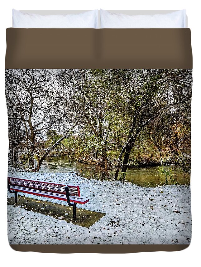 Fall Duvet Cover featuring the photograph Snowy Bench on the Clinton River DSC_0835 by Michael Thomas