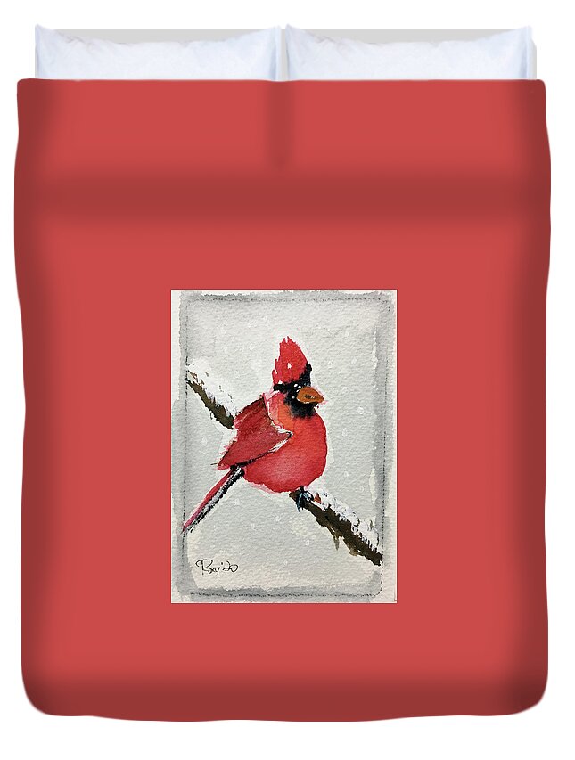 Grand Tit Duvet Cover featuring the painting Snowy Cardinal by Roxy Rich