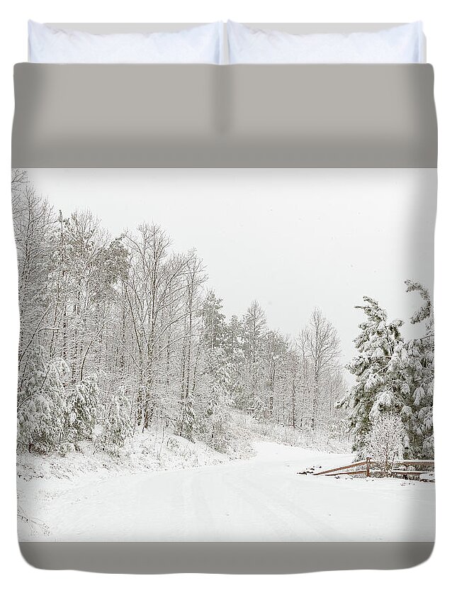 Fence Duvet Cover featuring the photograph Snowy Country Road by Joni Eskridge