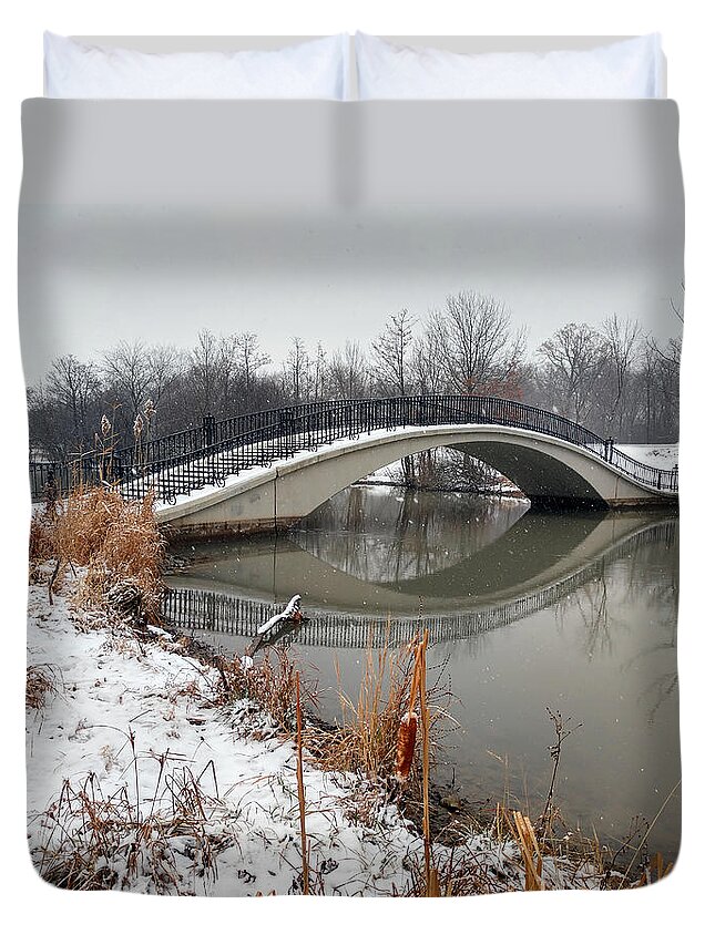 Snow Duvet Cover featuring the photograph Snowy Elizbeth Park Bridge by Michael Rucker