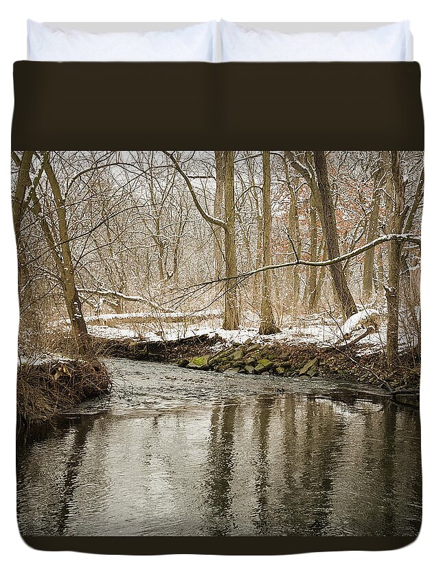 Blackwell Forest Preserve Duvet Cover featuring the photograph Snowy Midwest Stream by Joni Eskridge