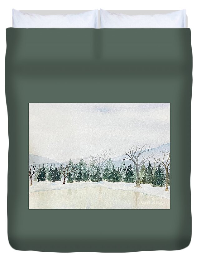 Snow Duvet Cover featuring the painting Snowy Mountain Lake by Lisa Neuman