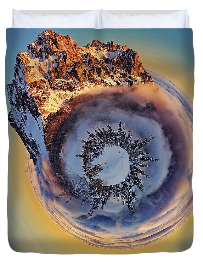 Montana Duvet Cover featuring the photograph Snowy Mountain Tiny Planet by Russ Harris