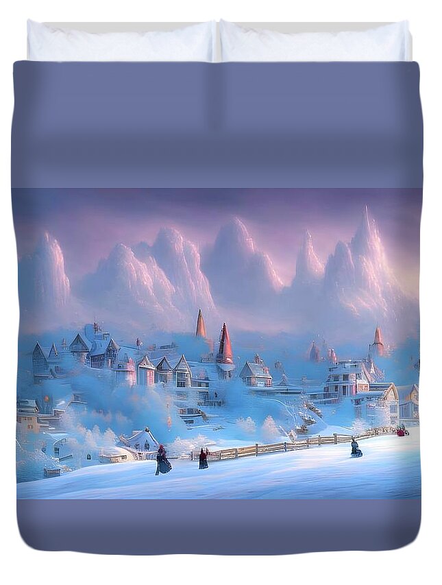 Digital Snow Morning Village Mountain Duvet Cover featuring the digital art Snowy Mountain Village by Beverly Read