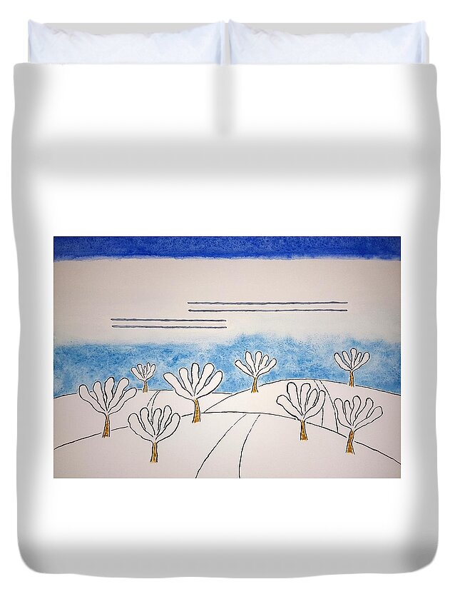 Watercolor Duvet Cover featuring the painting Snowy Orchard by John Klobucher