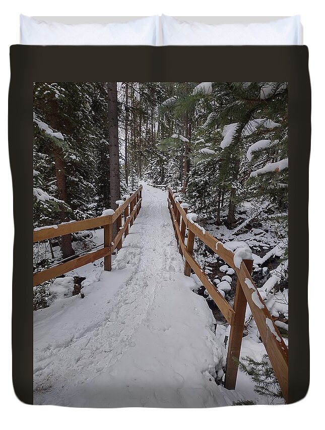 Landscape Duvet Cover featuring the photograph Snowy pathway by Erin Mitchell