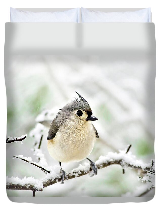 Bird Duvet Cover featuring the mixed media Snowy Tufted Titmouse by Christina Rollo